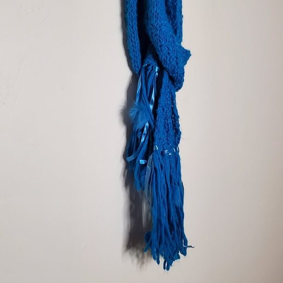 Cerulean Blue Blocked Knit Scarf with Ribbons and Angora Rabbit Hair Puffs - Picture 10 of 11